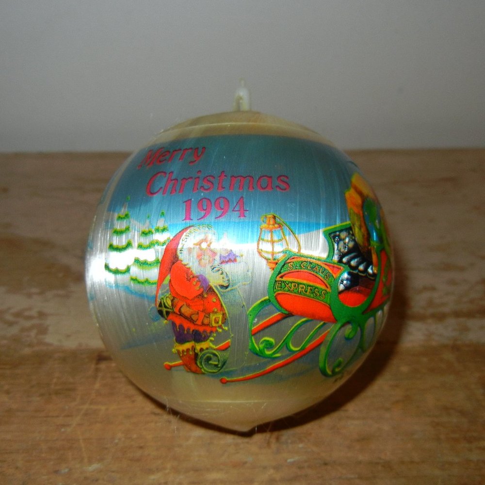 VTG Christmas 1994 Mark Alvin Merry Christmas Ornament Satin Ball Santa Sleigh